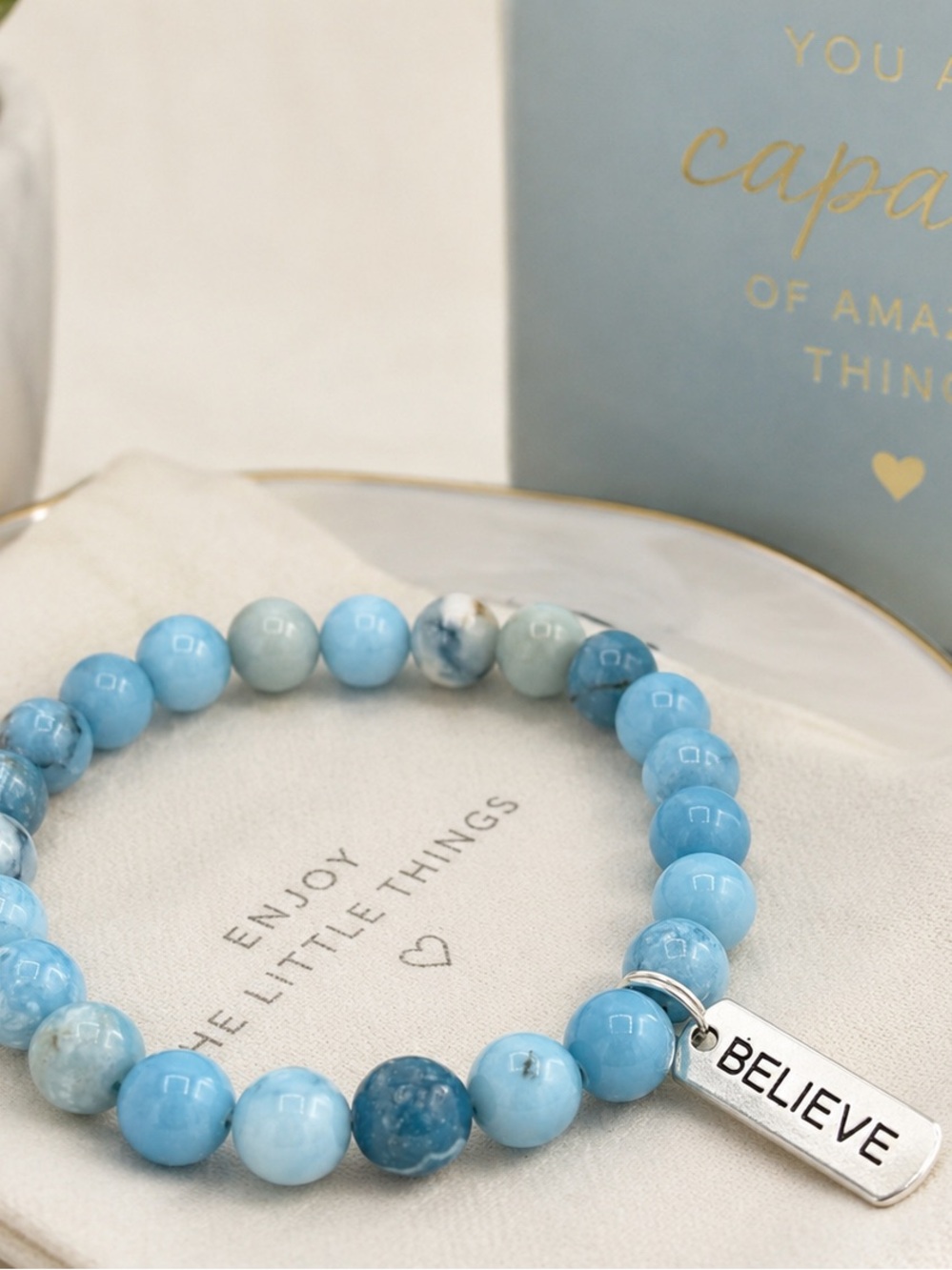 Hand Crafted Blue Larimar 'Believe' Bracelet – Inspirational Women’s Jewelry